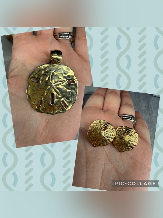 Jewelry - Sand Dollar Pendant And Vintage Clip Earrings Set Beach Jewelry Lot Gold Tone
